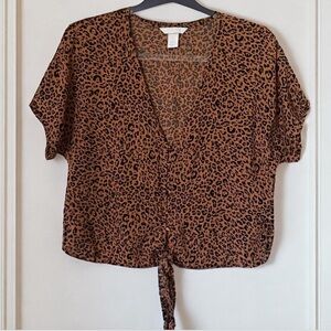 H&M Lightweight Leopard Print Tan Blouse Tie Front Buttons size 14